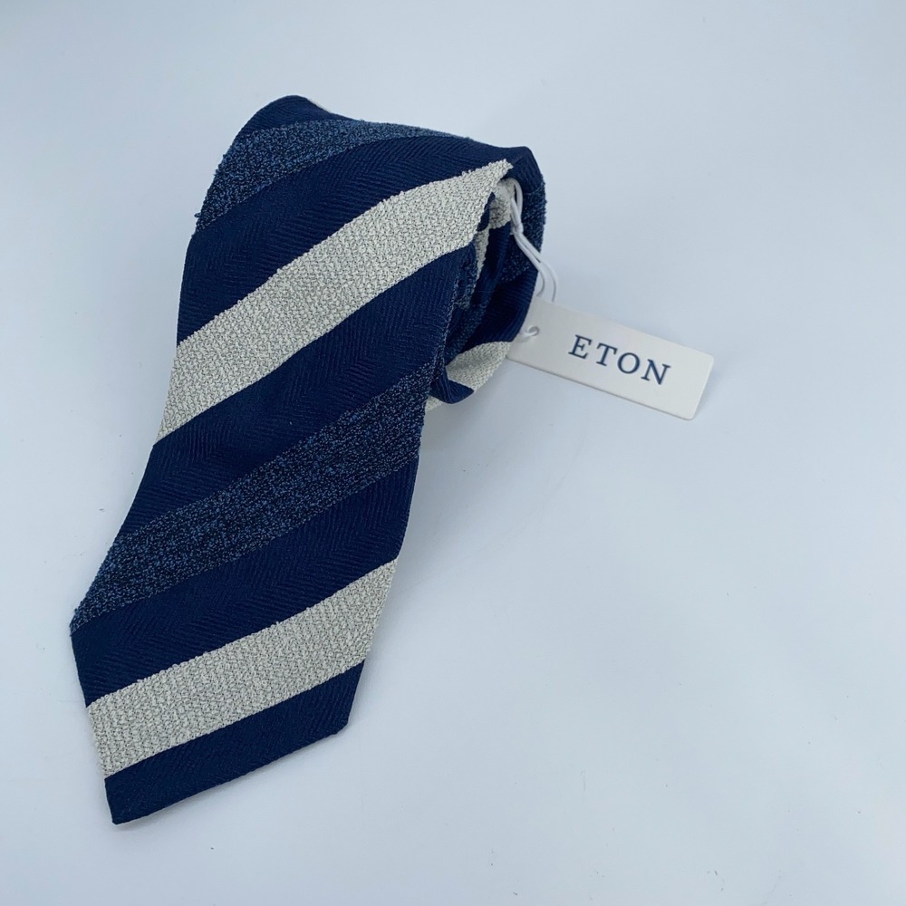 Eton Tie Men One Size Navy Gray Striped Cotton Luxury Necktie Italy Made NWT